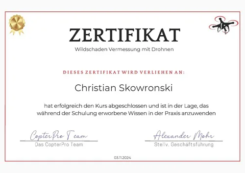 Zertifikat Wildschaden-Vermessung mit Drohne